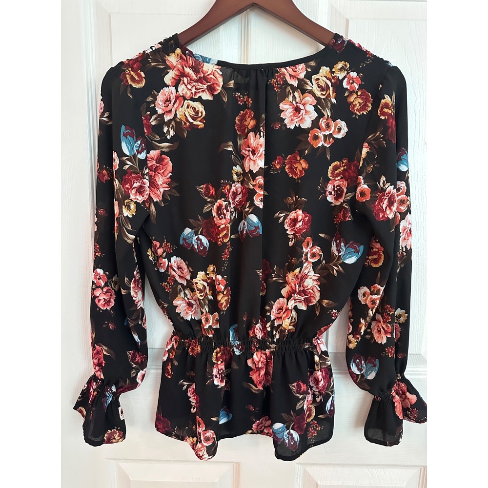 Black Floral Blouse S Romantic Boho Peplum Bell Sleeve Cottagecore Dark Academia - Picture 5 of 7